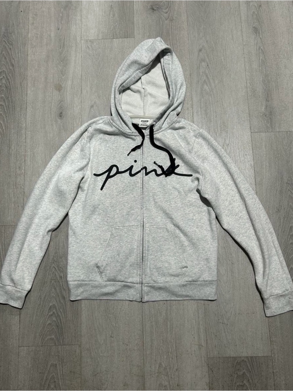 PINK Victoria's Secret Light Gray Zip Front Hoodie with Black Script
